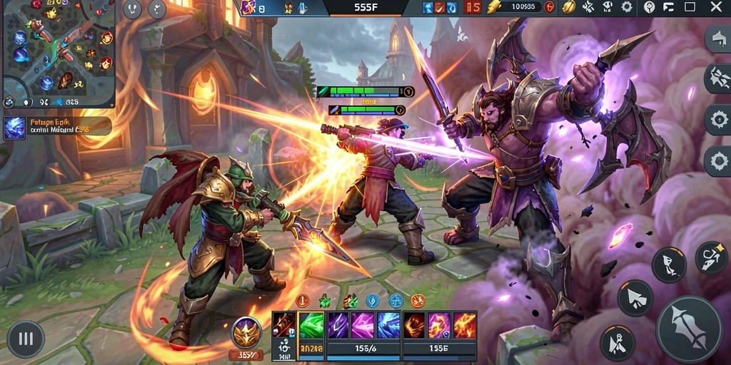 Tampilan seru gameplay MOBA dalam 555F saat pertarungan epik.