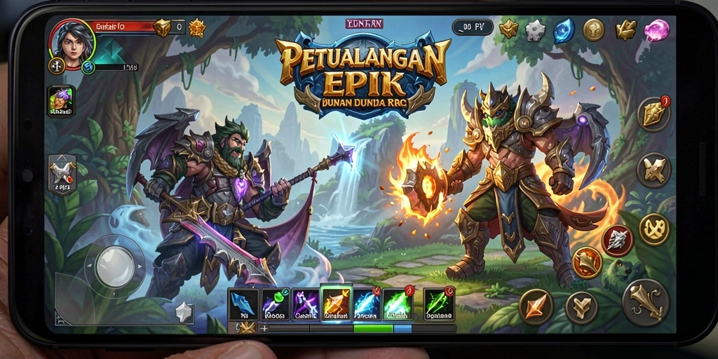 Screenshot dari gameplay RPG yang menampilkan karakter heroik dalam pertempuran.