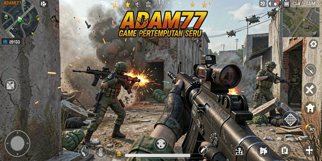 Screenshot menampilkan pertempuran seru dalam ADAM77 dengan grafis yang memukau.