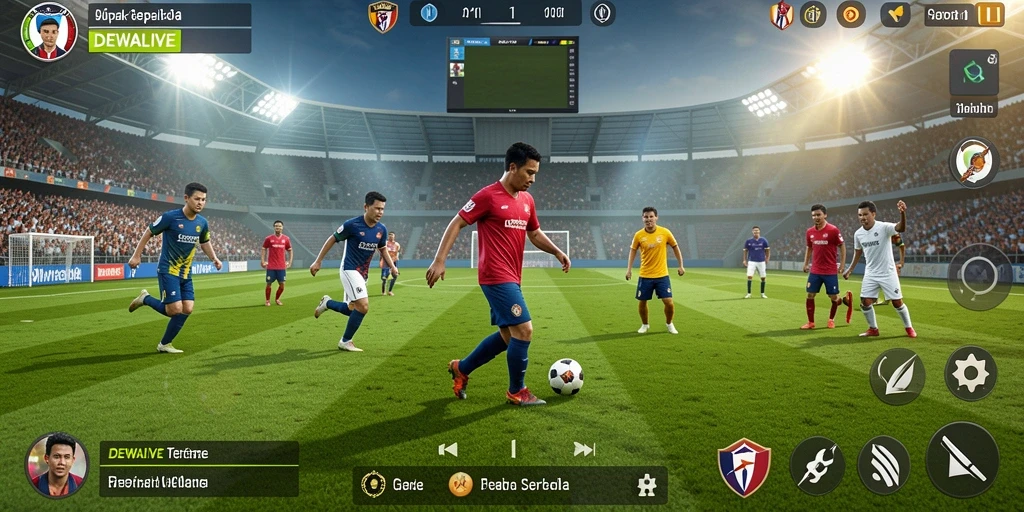 Tangkapan layar utama DEWALIVE menampilkan aksi seru di lapangan sepak bola.
