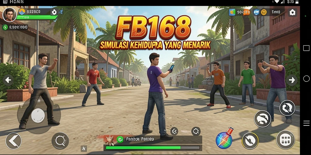 Tangkapan layar utama FB168 menampilkan karakter dalam kehidupan sehari-hari yang dinamis.