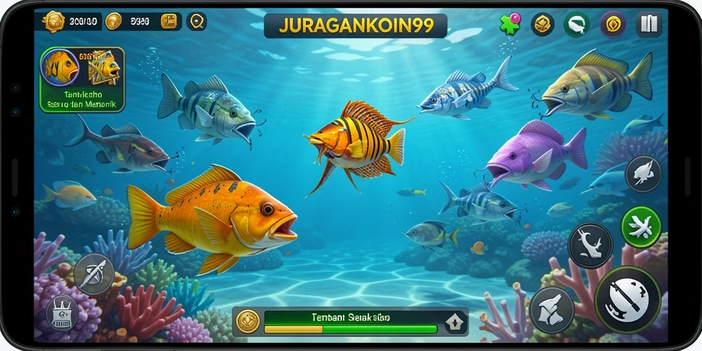 Gameplay seru JURAGANKOIN99 dengan berbagai ikan menunggu ditangkap.