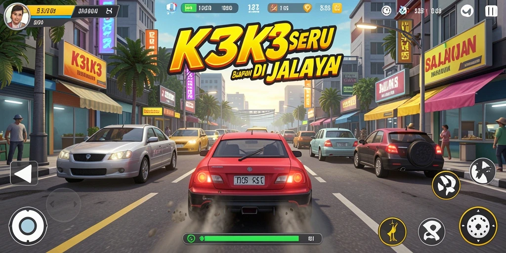 Tampilan gameplay K3K3 dengan mobil balap di lintasan.