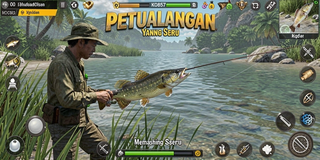 Screenshot gameplay KO857 yang menampilkan aksi memancing yang seru.