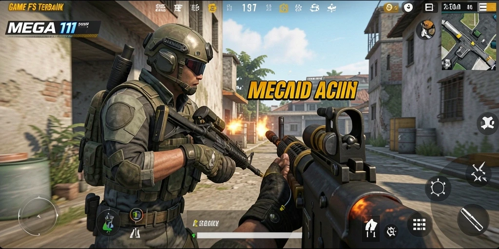 Screenshot utama MEGA111 menampilkan aksi permainan intens FPS.