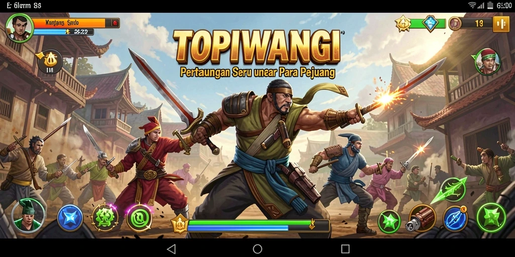 Screenshot gameplay TOPIWANGI menampilkan aksi pertarungan yang intens dan karakter beragam.