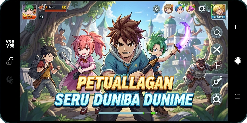 Tampilan gameplay V98 dengan karakter anime yang memukau dan aksi seru.