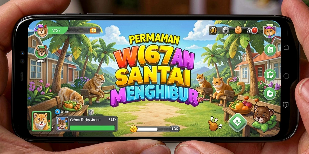 Screenshot utama W67 menampilkan gameplay yang ceria dan interaktif.